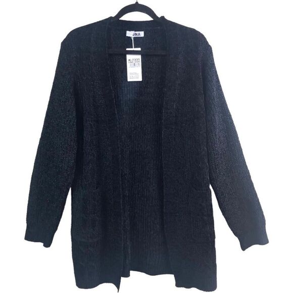 Black Chenille Open Front Long Cardigan - Picture 1 of 9